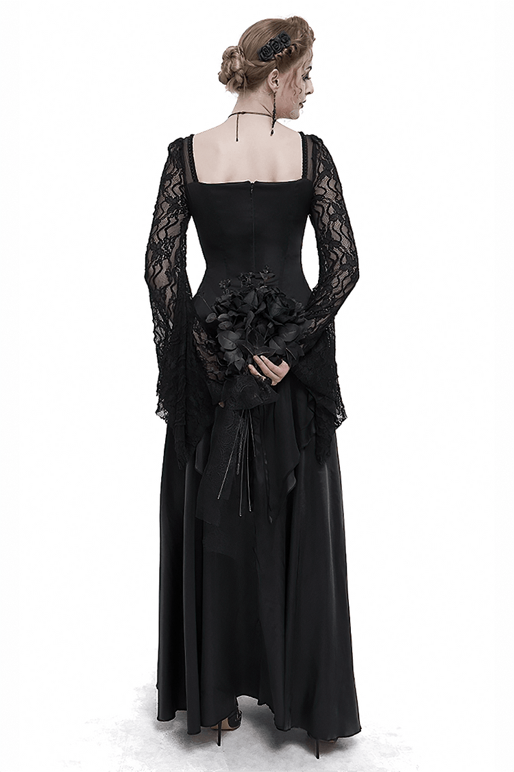 Black Elegant Retro Appliqued Long Dress / Women's Square Neck Sleeves Dress - image 2