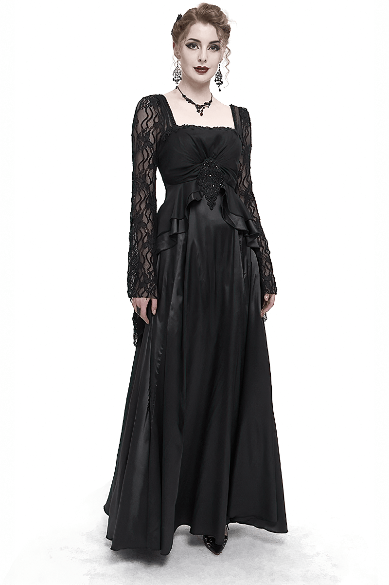 Black Elegant Retro Appliqued Long Dress / Women's Square Neck Sleeves Dress - image 1