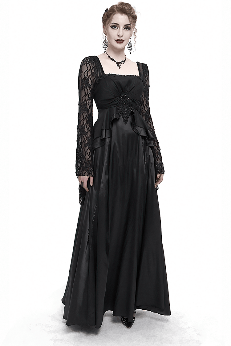 Black Elegant Retro Appliqued Long Dress / Women's Square Neck Sleeves Dress - image 1