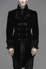 Black Embroidered Collar Long Sleeves Mens Velveteen Tuxedo Gothic Coat - image 1