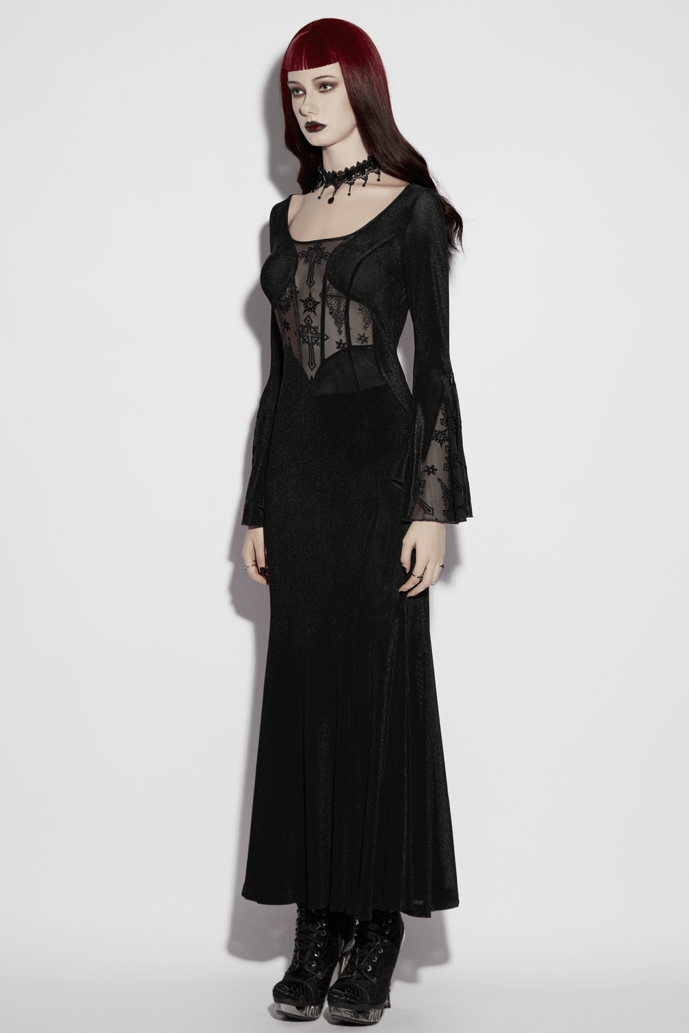 Black Gothic Cross Mesh Fishtail Maxi Dress Gown - image 12