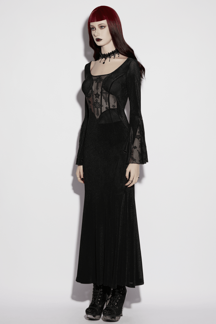 Black Gothic Cross Mesh Fishtail Maxi Dress Gown - image 12