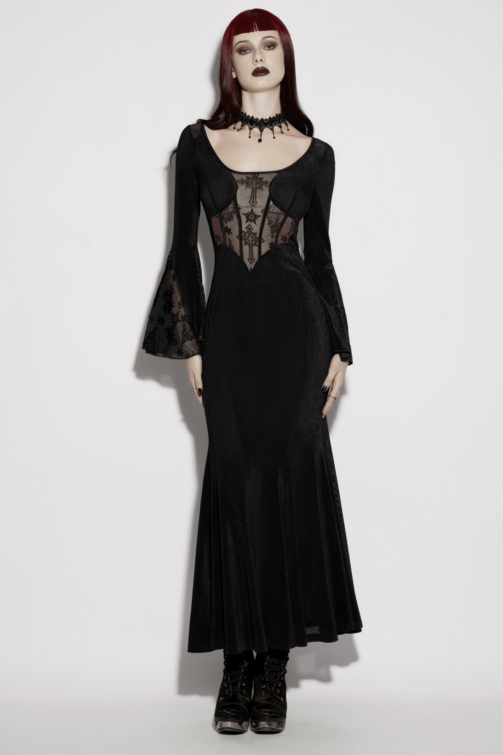Black Gothic Cross Mesh Fishtail Maxi Dress Gown - image 11