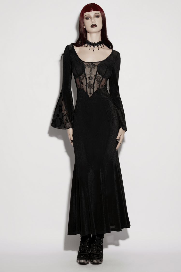 Black Gothic Cross Mesh Fishtail Maxi Dress Gown - image 11