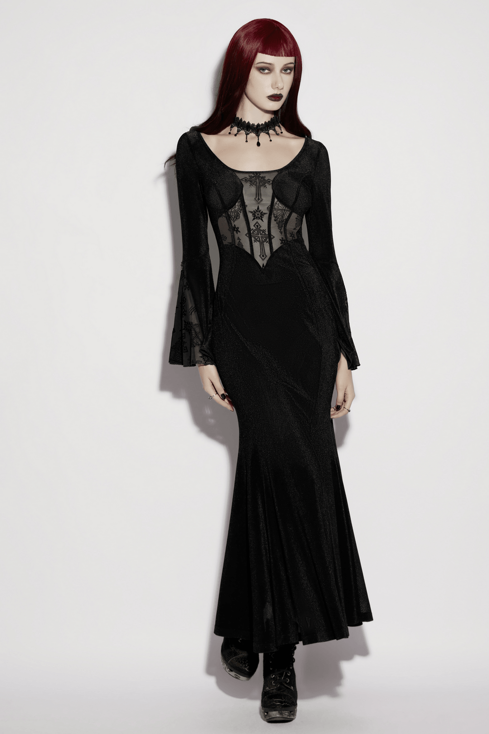 Black Gothic Cross Mesh Fishtail Maxi Dress Gown - image 13