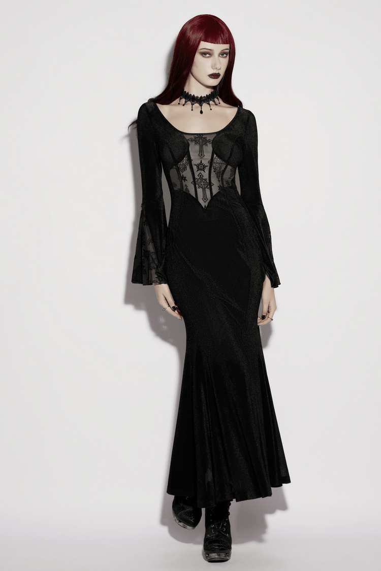 Black Gothic Cross Mesh Fishtail Maxi Dress Gown - image 13