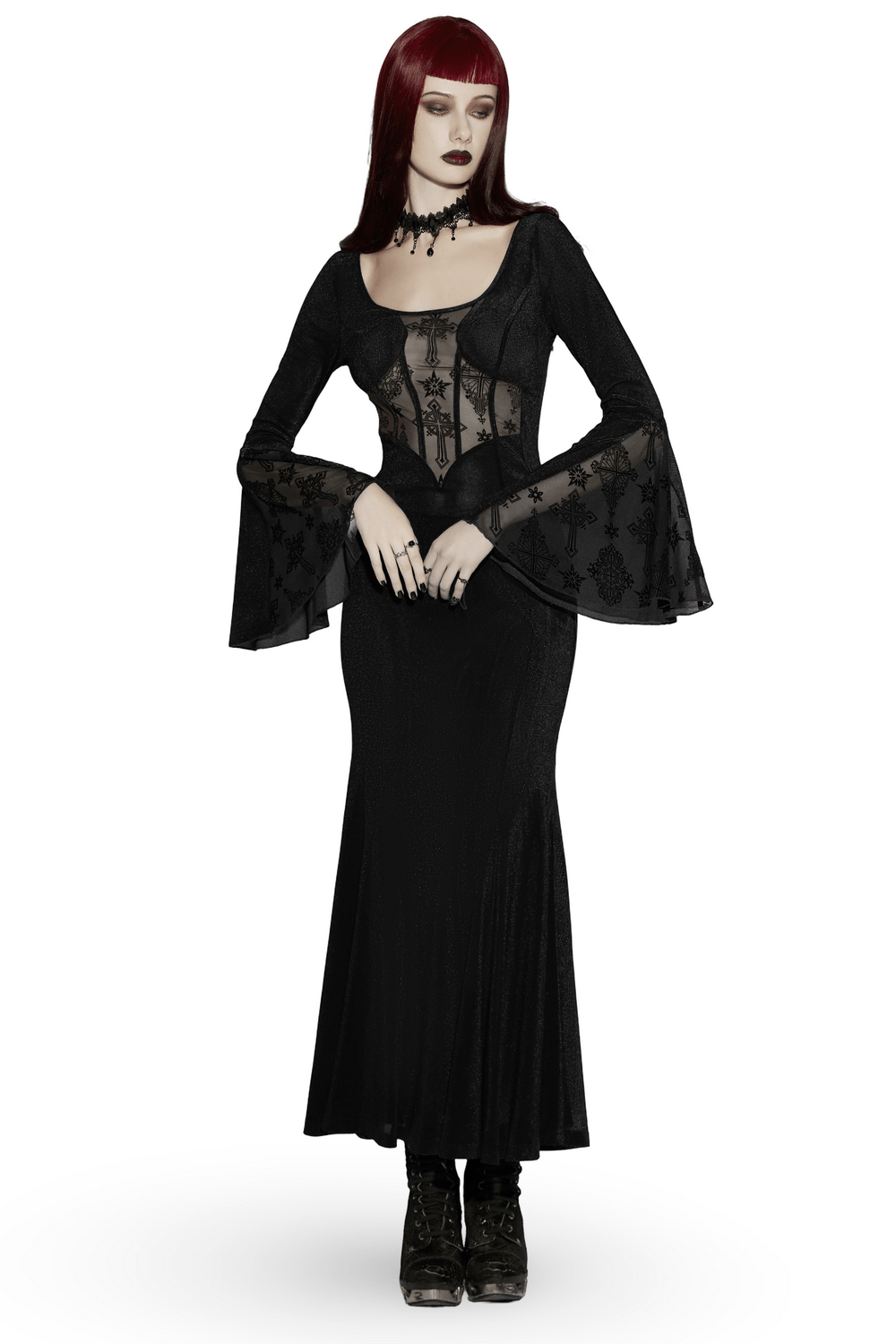 Black Gothic Cross Mesh Fishtail Maxi Dress Gown - image 1