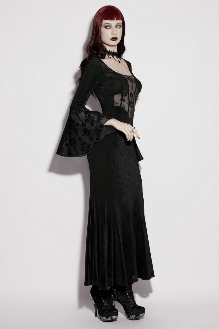 Black Gothic Cross Mesh Fishtail Maxi Dress Gown - image 14