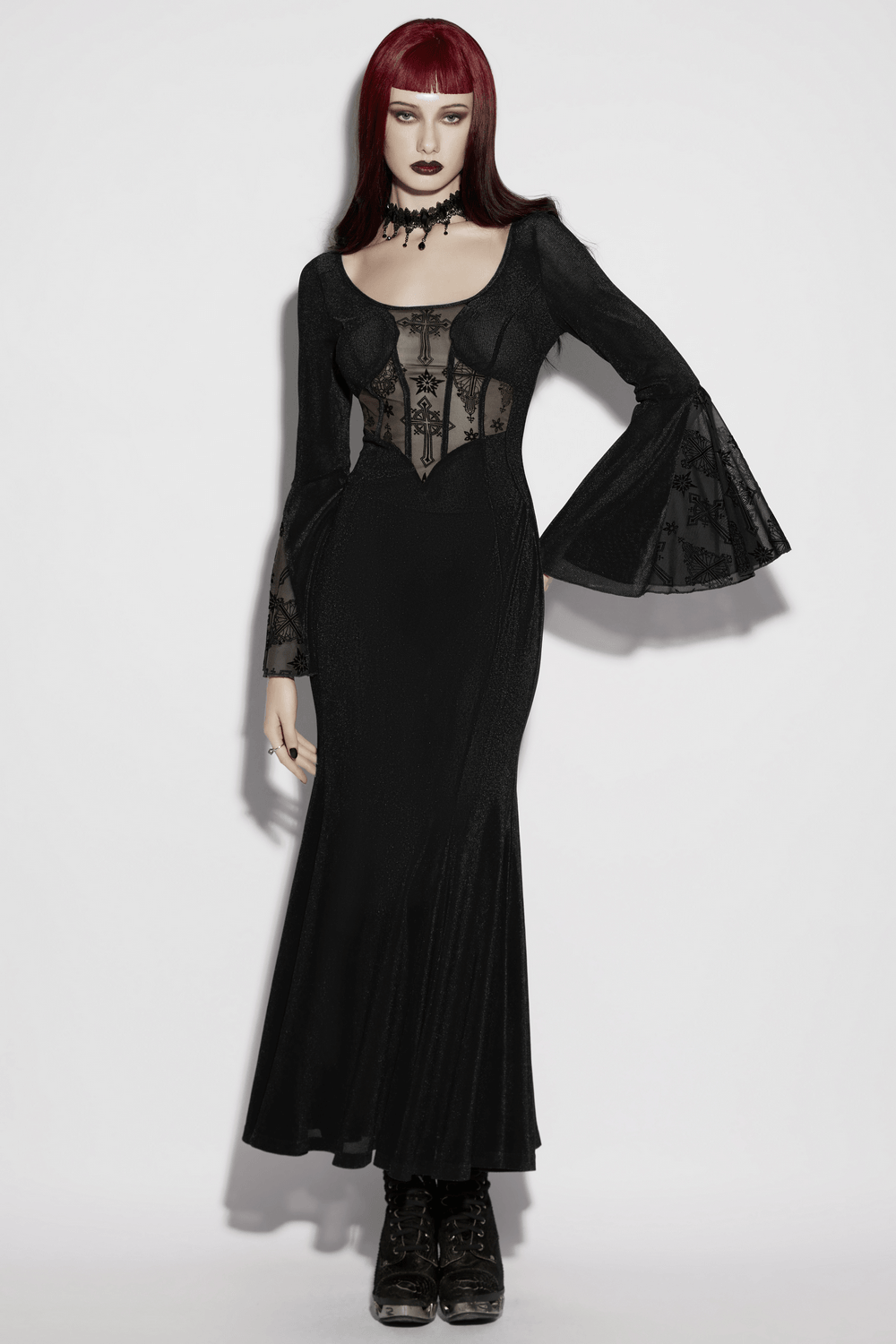 Black Gothic Cross Mesh Fishtail Maxi Dress Gown - image 15