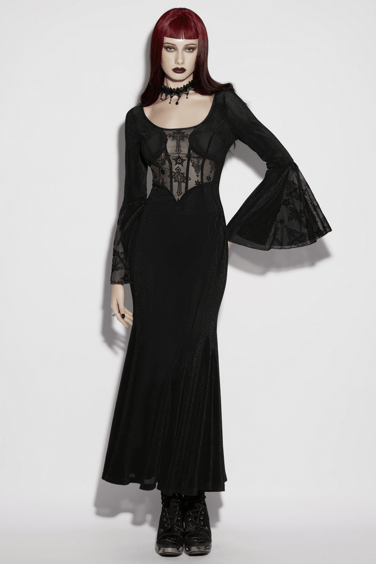 Black Gothic Cross Mesh Fishtail Maxi Dress Gown - image 15