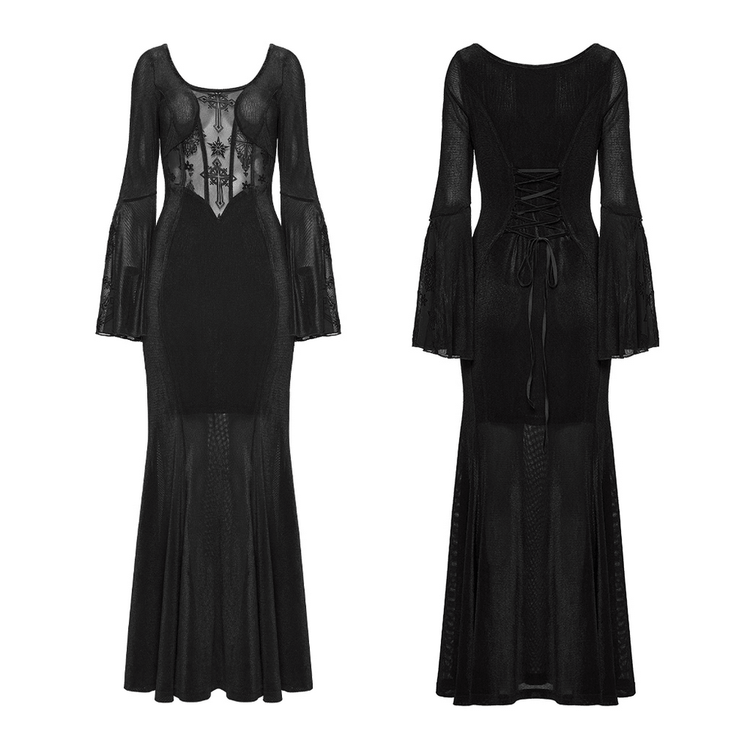 Black Gothic Cross Mesh Fishtail Maxi Dress Gown - image 3