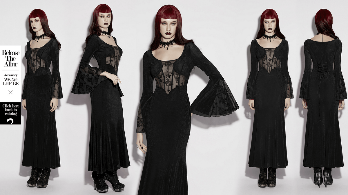 Black Gothic Cross Mesh Fishtail Maxi Dress Gown - image 16