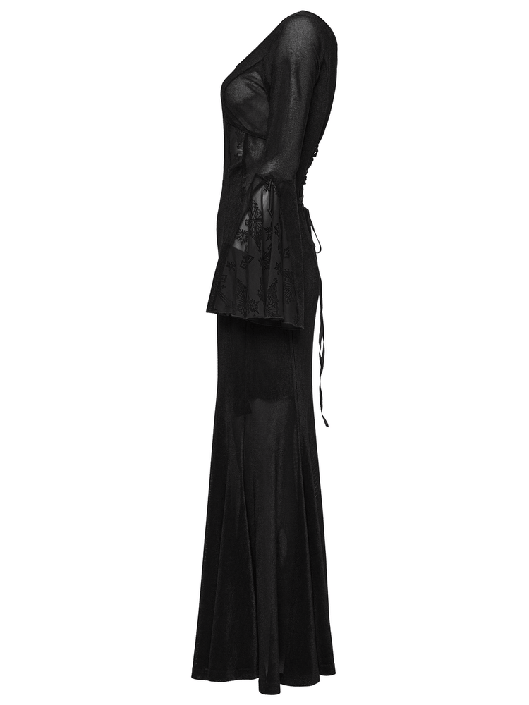 Black Gothic Cross Mesh Fishtail Maxi Dress Gown - image 5