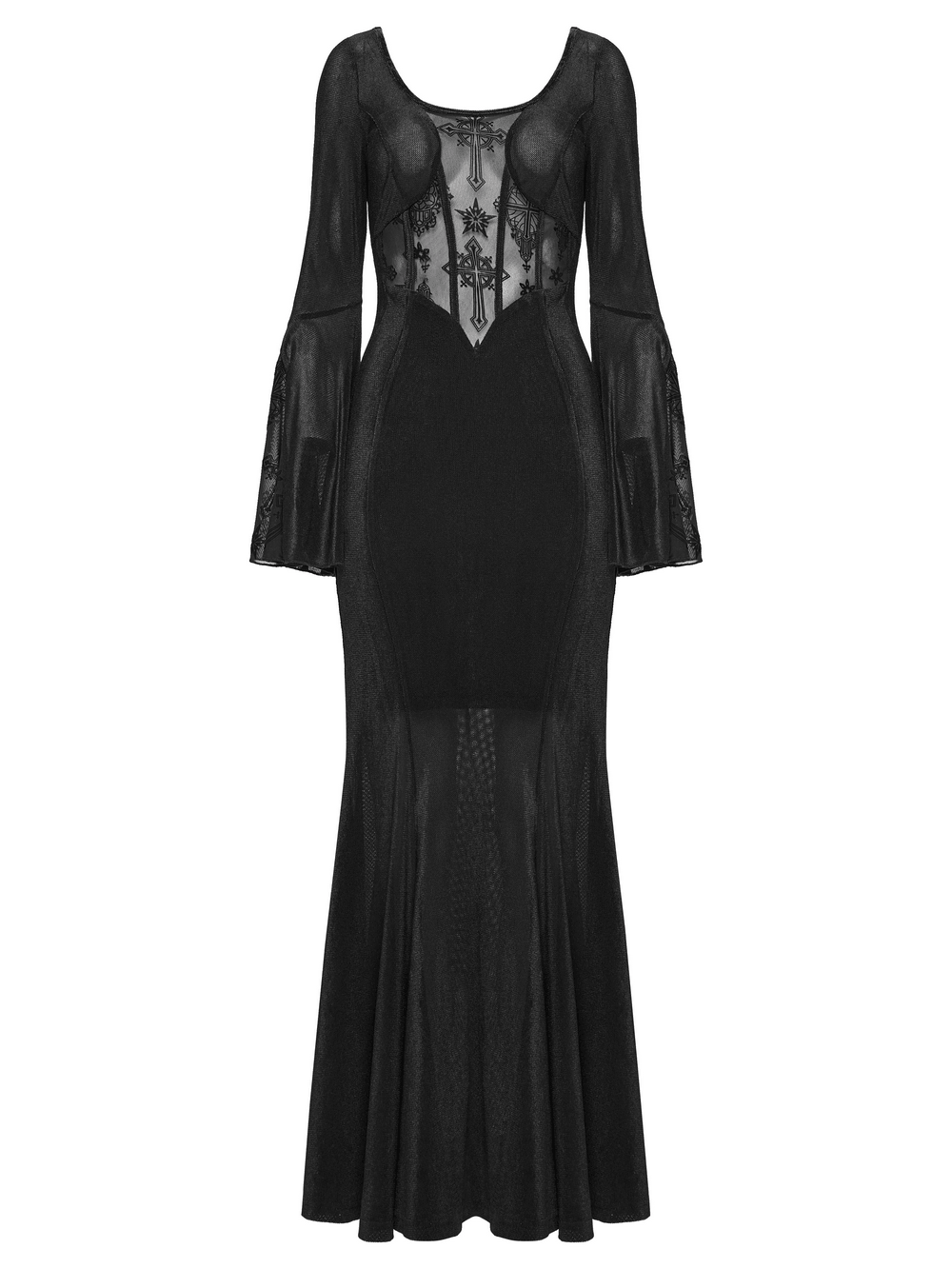 Black Gothic Cross Mesh Fishtail Maxi Dress Gown - image 4
