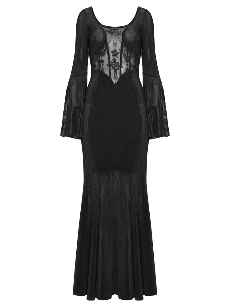 Black Gothic Cross Mesh Fishtail Maxi Dress Gown - image 4