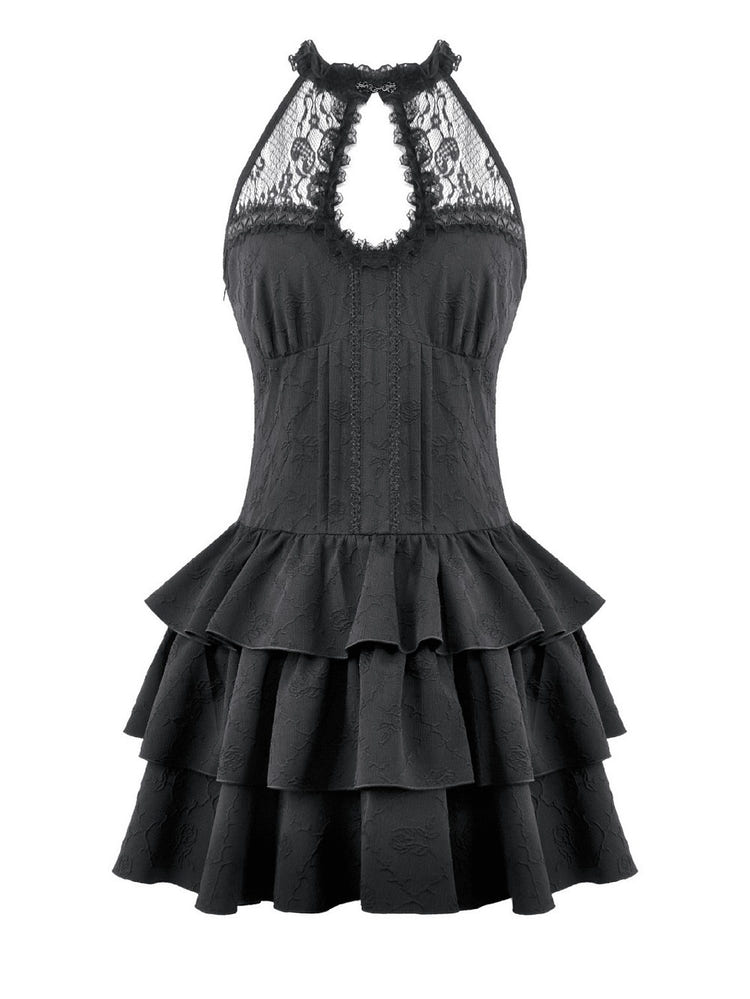 Black Gothic Halter Mini Dress with Tiered Ruffles featuring a lace keyhole neckline and a dramatic tiered skirt.