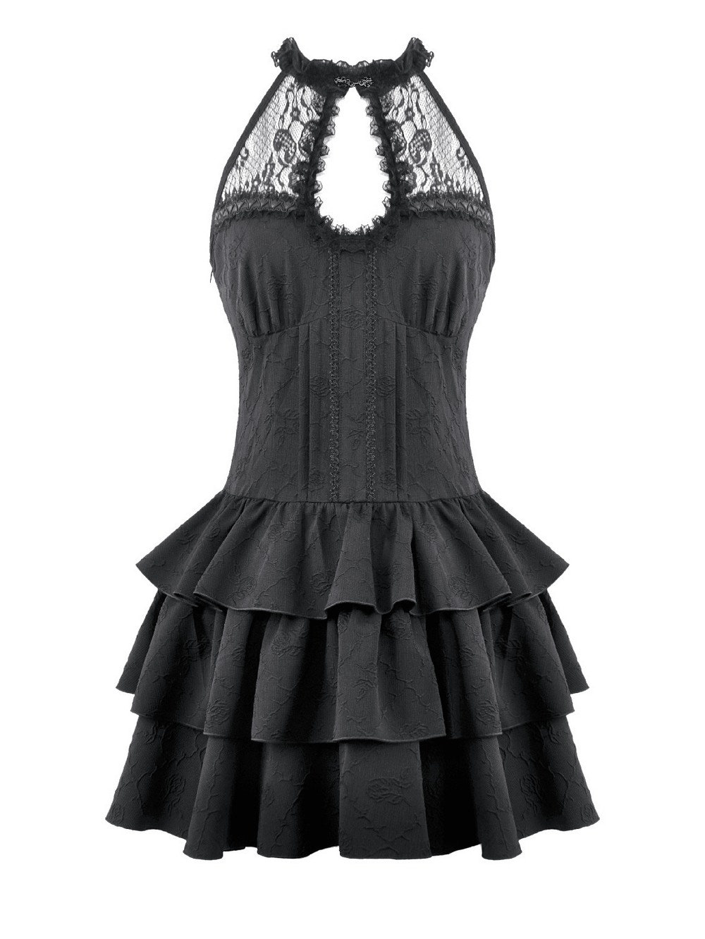 Black Gothic Halter Mini Dress with Tiered Ruffles featuring a lace keyhole neckline and a dramatic tiered skirt.