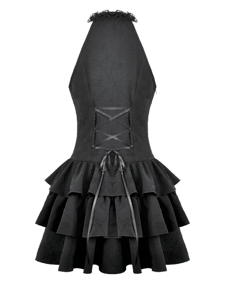 Black Gothic Halter Mini Dress with Tiered Ruffles showcasing lace halter neckline and corset back detail.