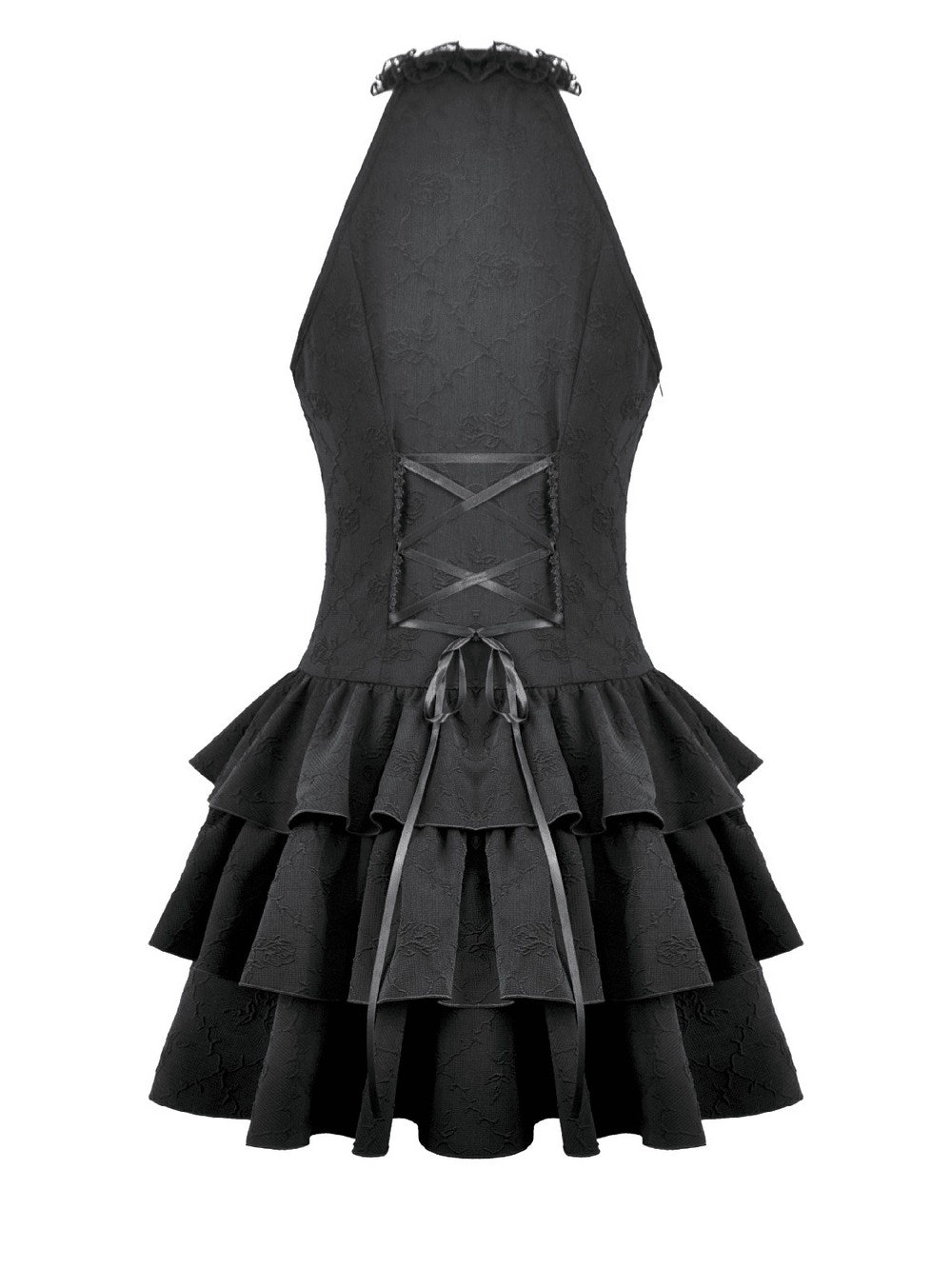Black Gothic Halter Mini Dress with Tiered Ruffles showcasing lace halter neckline and corset back detail.