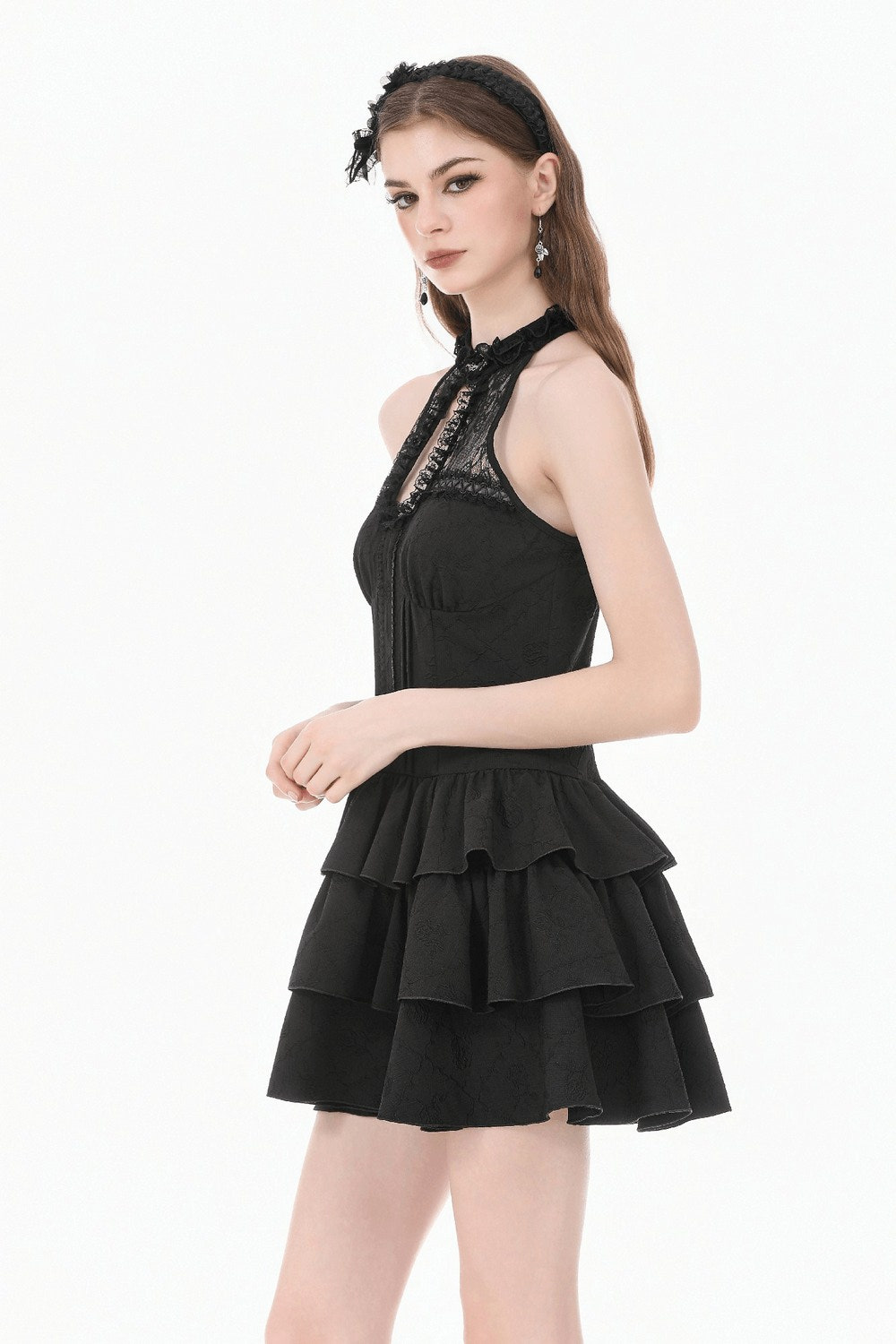 Black Gothic Halter Mini Dress with Tiered Ruffles featuring a lace halter neckline and dramatic keyhole front.