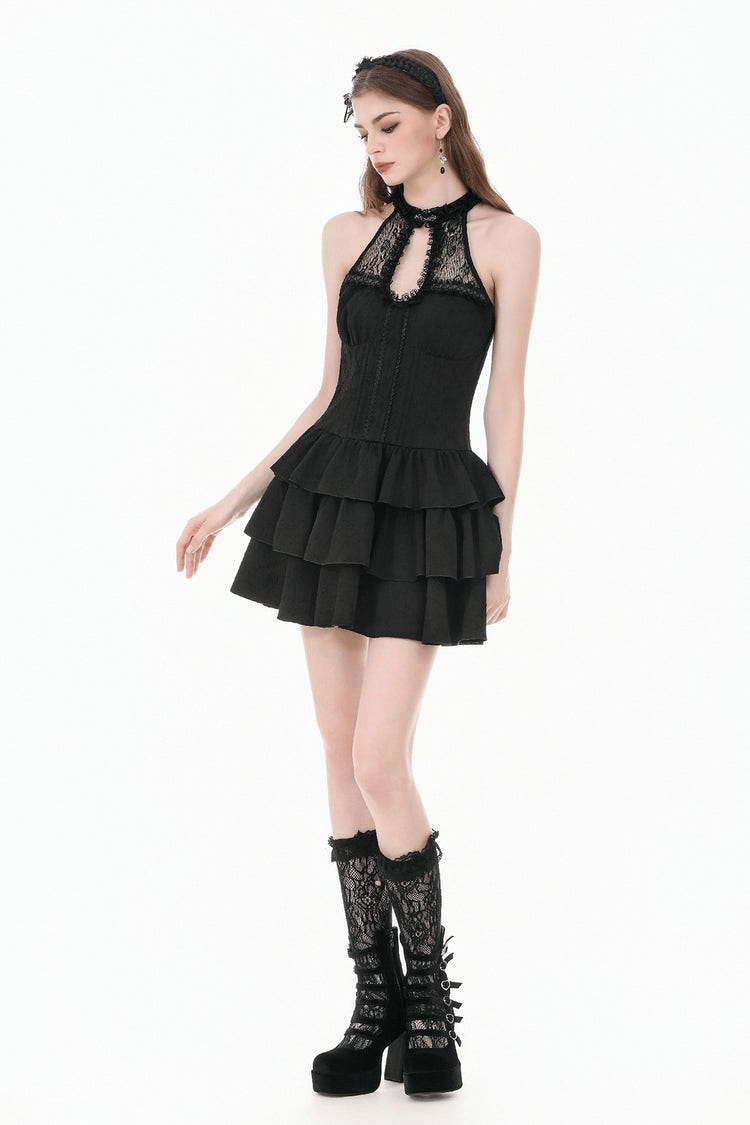 Black Gothic Halter Mini Dress with Tiered Ruffles showcasing dramatic lace and ruffled skirt, perfect for gothic events.