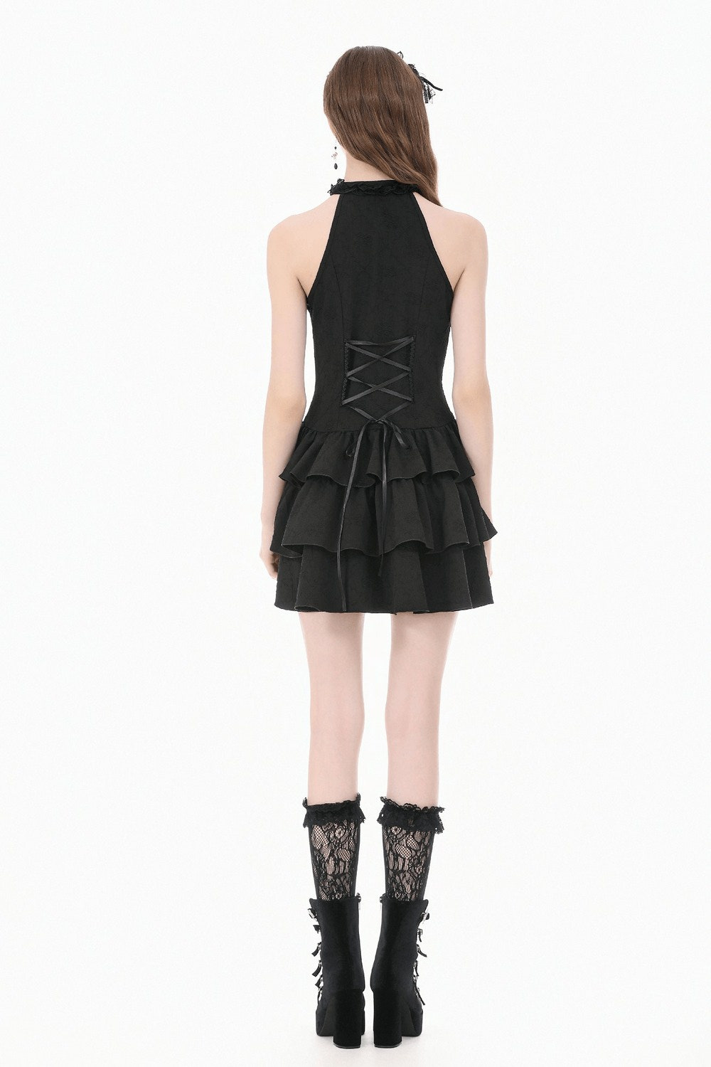 Black Gothic Halter Mini Dress with Tiered Ruffles back view showcasing lace corset detail and layered skirt.