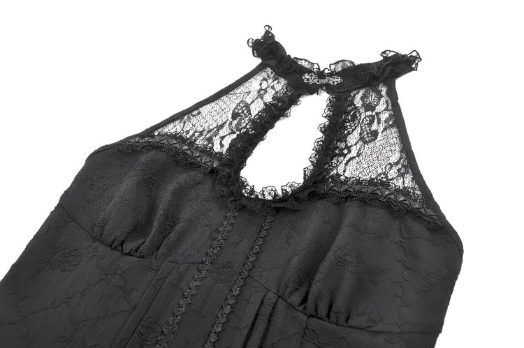 Black Gothic Halter Mini Dress with Tiered Ruffles featuring a lace halter neckline and keyhole design.