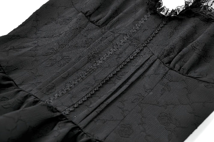 Black Gothic Halter Mini Dress with Tiered Ruffles featuring textured lace and ruffles for a dramatic gothic style.