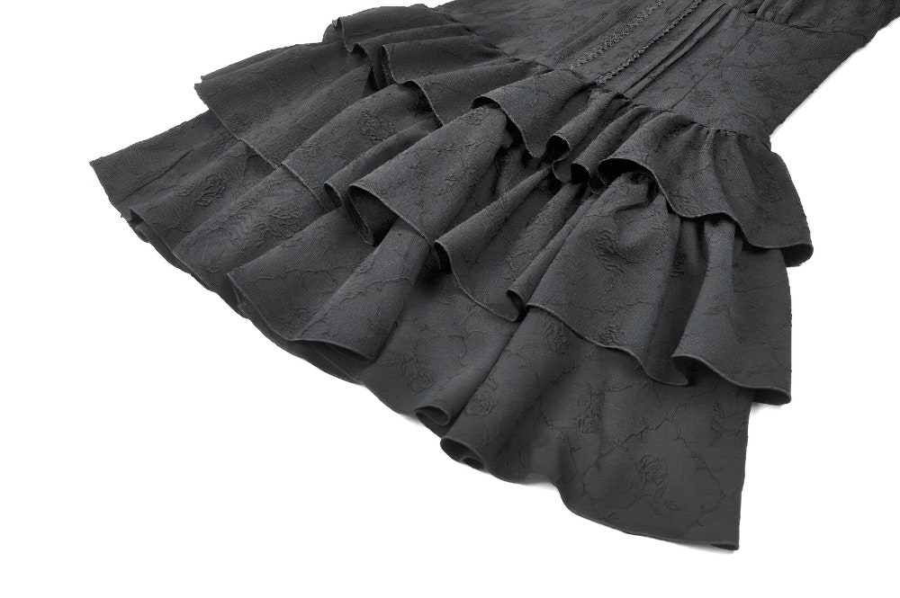Black Gothic Halter Mini Dress with Tiered Ruffles featuring dramatic lace and textured fabric ruffles.