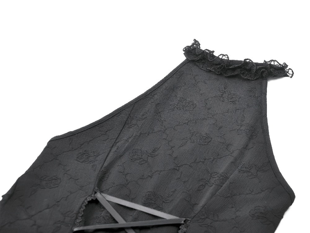 Black Gothic Halter Mini Dress with Tiered Ruffles - close-up of lace halter neckline and corset back detail.