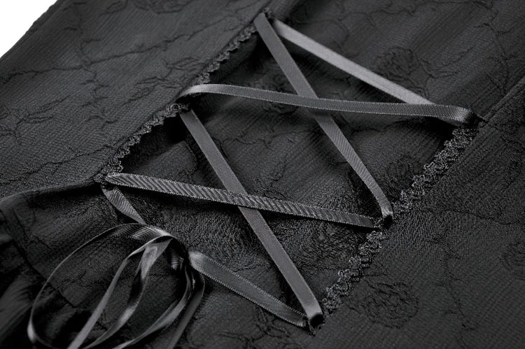 Lace-up corset back detail of the Black Gothic Halter Mini Dress with Tiered Ruffles showcasing elegant black ribbons.
