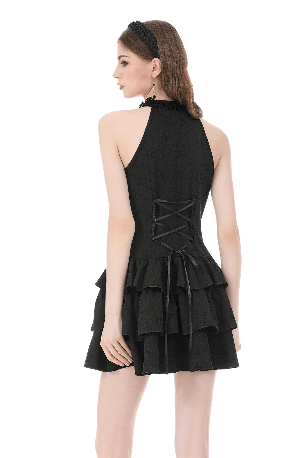 Black Gothic Halter Mini Dress with Tiered Ruffles showcasing a lace-up corset back and stylish tiered skirt.