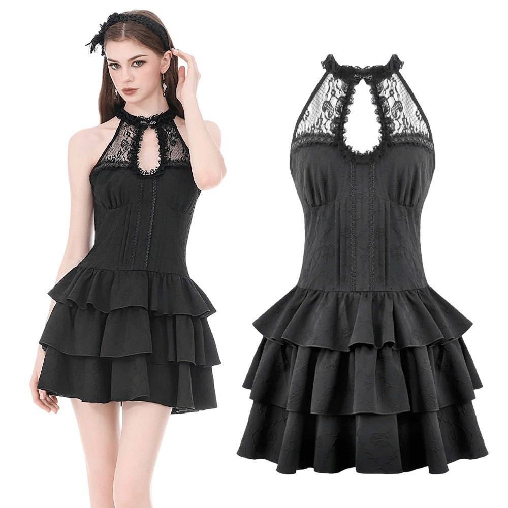 Black Gothic Halter Mini Dress with Tiered Ruffles featuring a lace keyhole neckline and dramatic ruffle skirt.