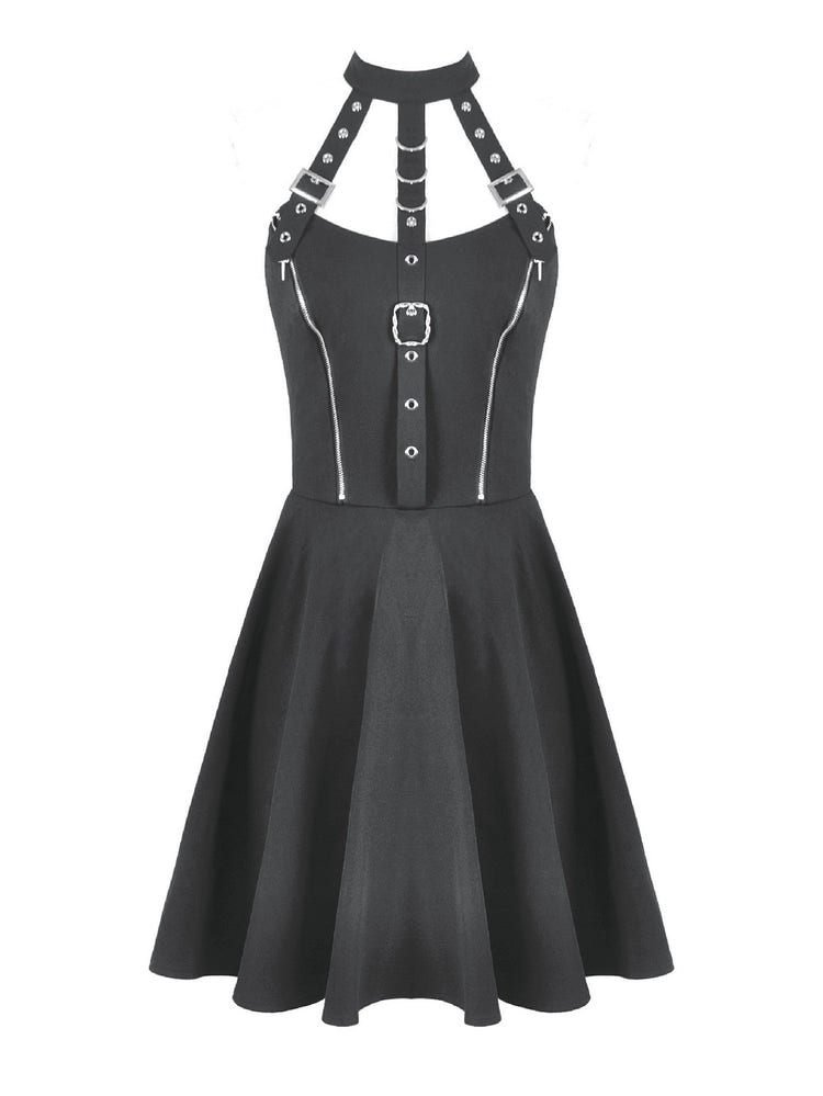 Black Gothic Harness Mini Dress with Buckle Straps, featuring halter neckline and flared skater skirt.