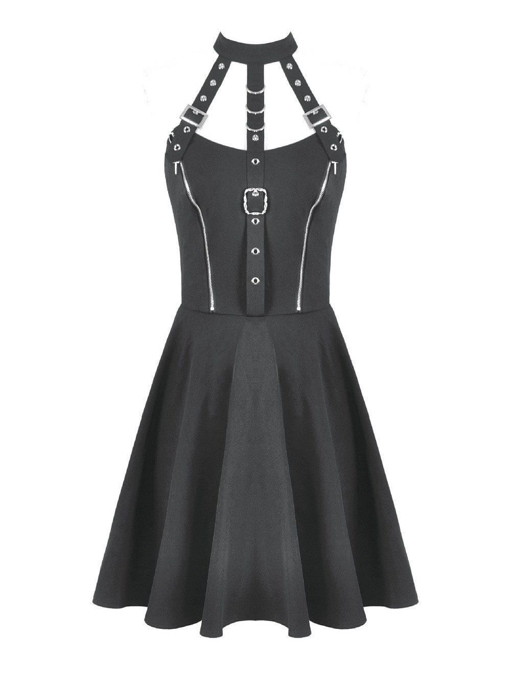 Black Gothic Harness Mini Dress with Buckle Straps, featuring halter neckline and flared skater skirt.