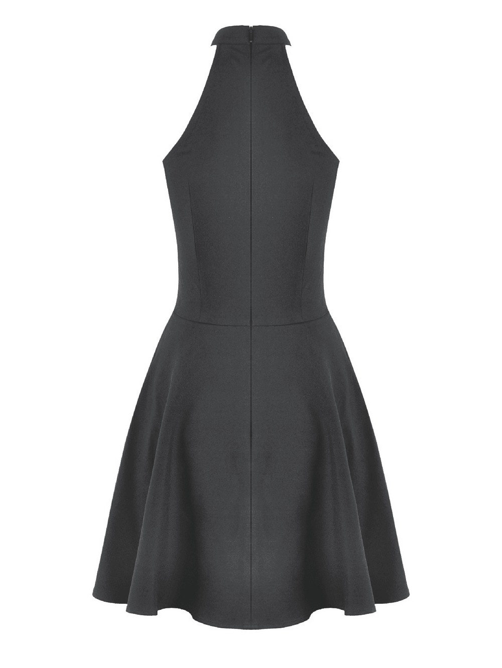 Back view of Black Gothic Harness Mini Dress with Buckle Straps showcasing the fitted bodice and flared skater skirt.
