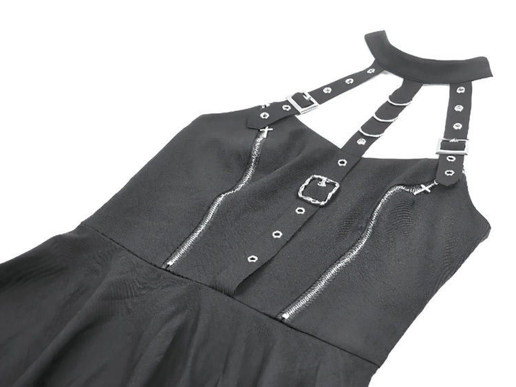 Black Gothic Harness Mini Dress with Buckle Straps featuring silver-tone buckles and zippered corset bodice.