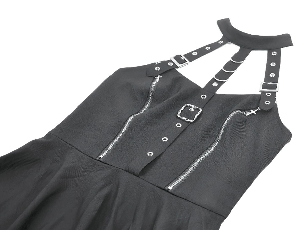 Black Gothic Harness Mini Dress with Buckle Straps featuring silver-tone buckles and zippered corset bodice.