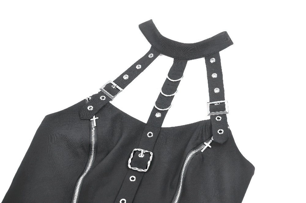 Black Gothic Harness Mini Dress with Buckle Straps detail featuring silver-tone buckles and zipper accents.