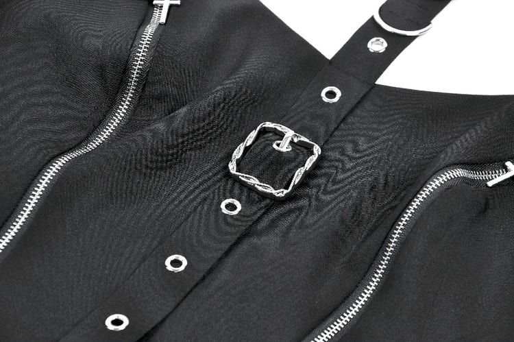 Black Gothic Harness Mini Dress with Buckle Straps featuring silver zipper accents and eyelet details.