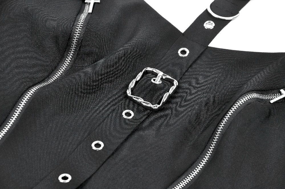 Black Gothic Harness Mini Dress with Buckle Straps featuring silver zipper accents and eyelet details.