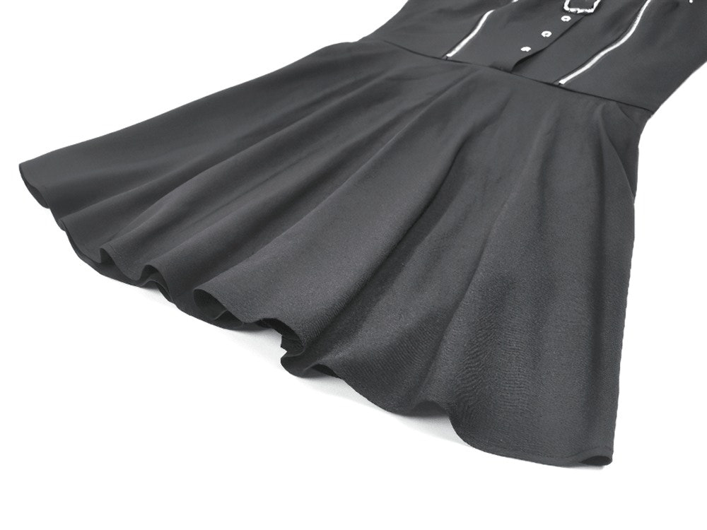 Black Gothic Harness Mini Dress with Buckle Straps featuring flared skater skirt and zipper accents.