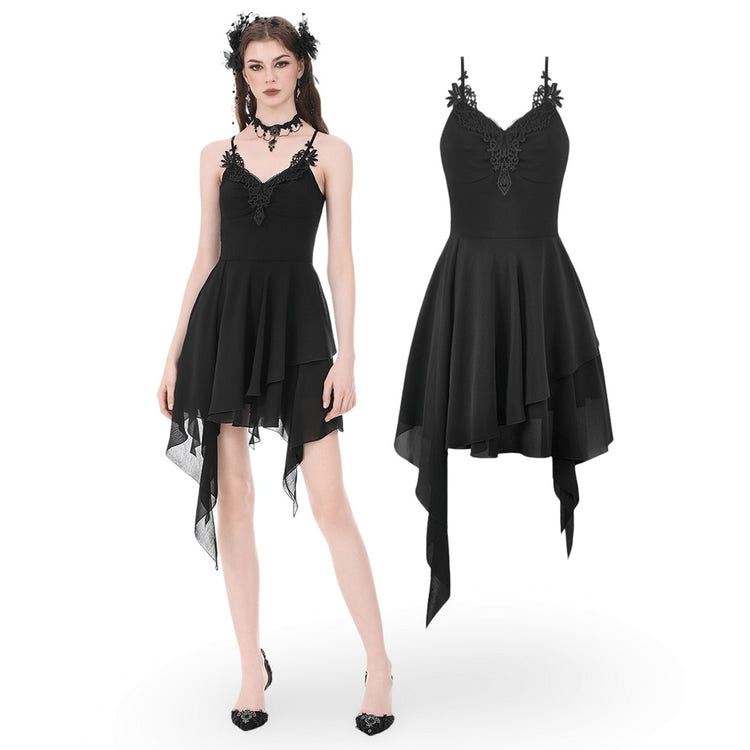 Black Gothic Lace Cami Dress with Asymmetric Hem showcasing a fitted bodice and layered chiffon skirt.