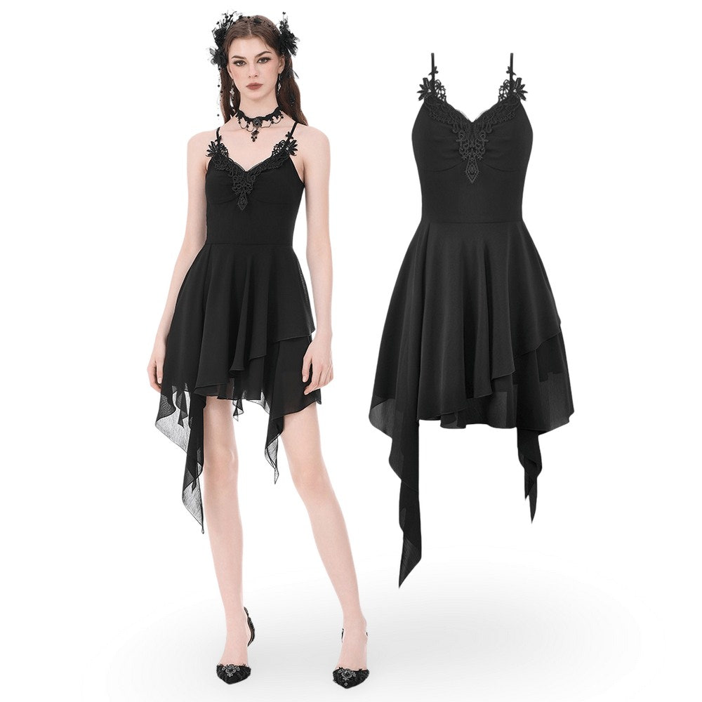 Black Gothic Lace Cami Dress with Asymmetric Hem showcasing a fitted bodice and layered chiffon skirt.