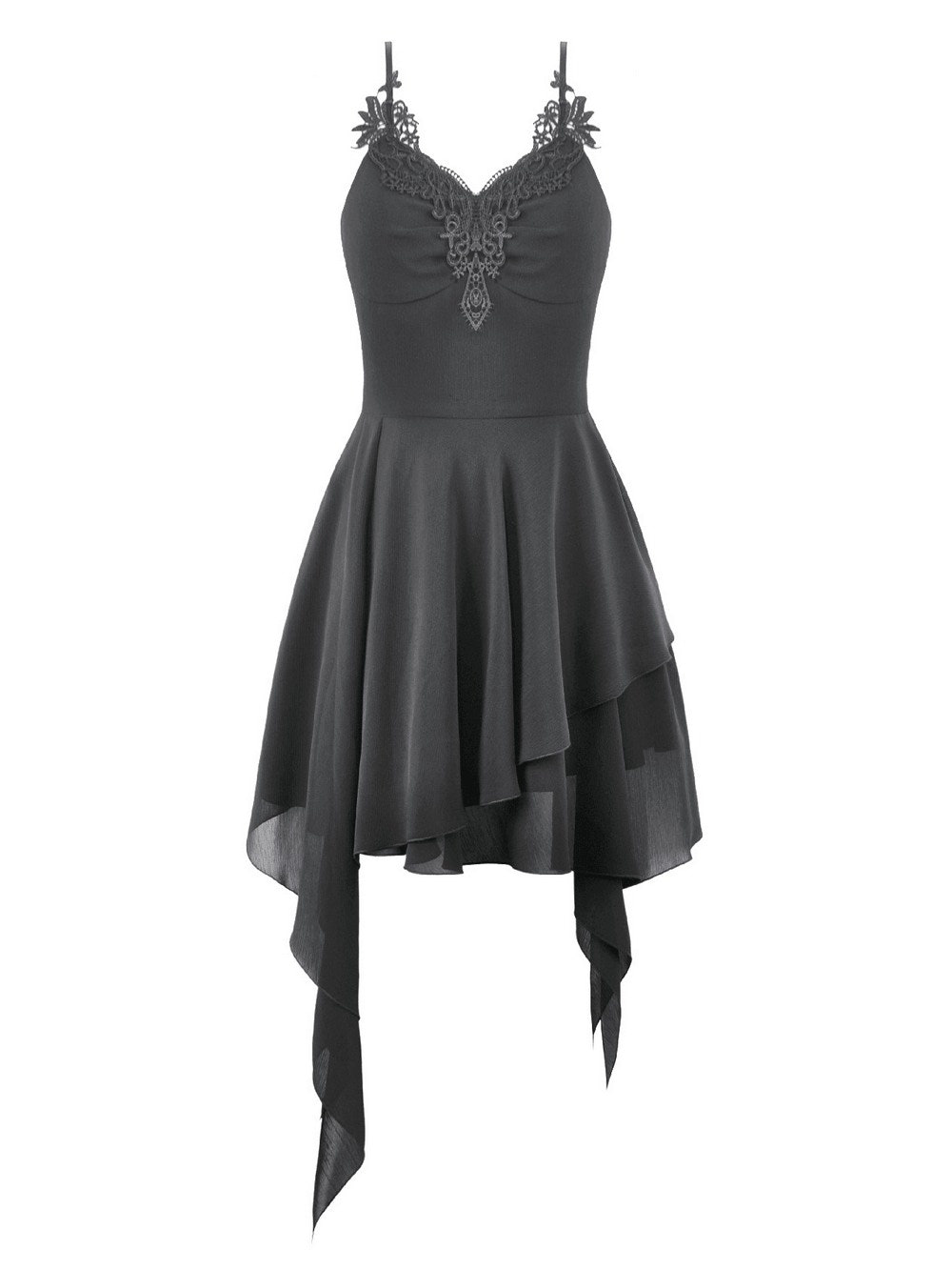 Black Gothic Lace Cami Dress with Asymmetric Hem featuring lace appliques and a flowing chiffon skirt.
