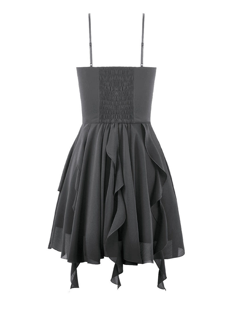 Black Gothic Lace Cami Dress with Asymmetric Hem showcasing a layered chiffon skirt and elegant ruching.