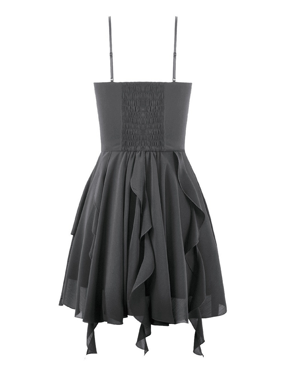 Black Gothic Lace Cami Dress with Asymmetric Hem showcasing a layered chiffon skirt and elegant ruching.