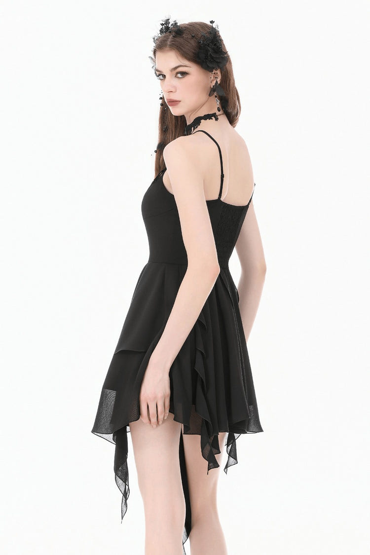 Black Gothic Lace Cami Dress with Asymmetric Hem showcasing a model from the back with draped chiffon and lace details.