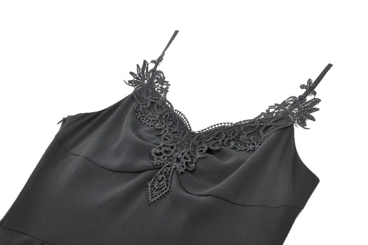 Black Gothic Lace Cami Dress with Asymmetric Hem featuring elegant lace detailing and adjustable straps.