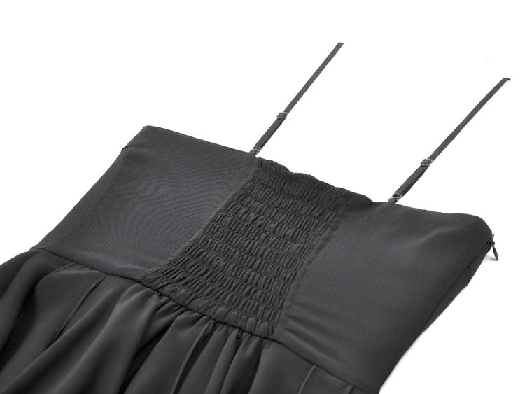 Black Gothic Lace Cami Dress with Asymmetric Hem showing fitted bodice and adjustable straps in elegant black fabric.